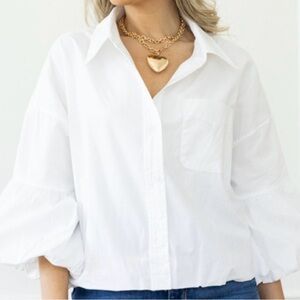 Women's White Button-Down Poplin Shirt with Puff Sleeves